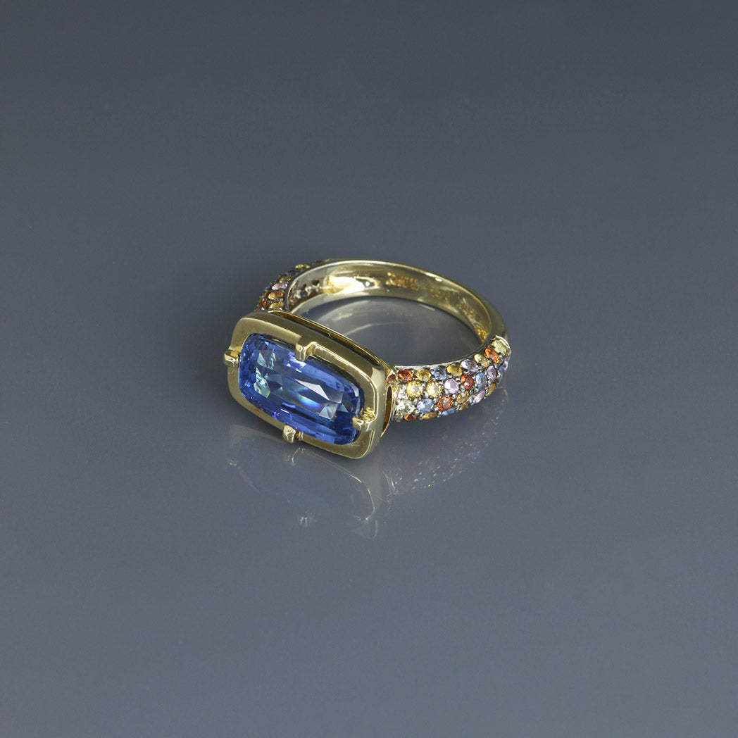 Kyanite Bar Ring with Multi Colored Sapphire Pave