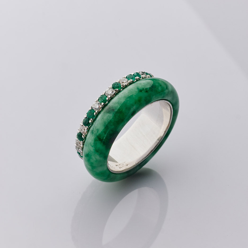 Mottled Jadeite Eternity Ring with Diamonds and Emeralds