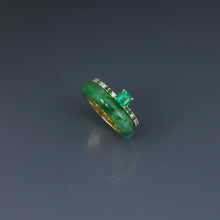 Load image into Gallery viewer, Asscher Cut Zambian Emerald and Burmese Jade Offset Ring
