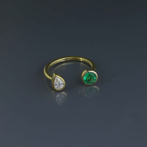 Zambian Emerald and Pear Diamond Open Ring