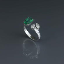 Load image into Gallery viewer, Zambian Emerald Cushion and Diamond Open Ring
