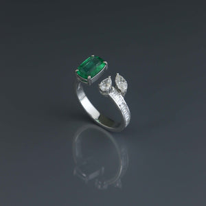 Zambian Emerald Cushion and Diamond Open Ring