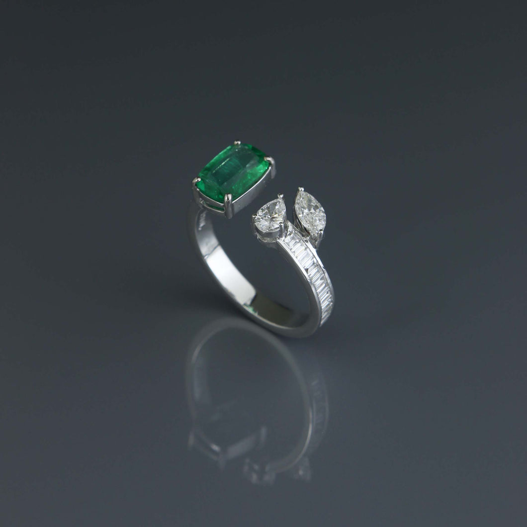 Zambian Emerald Cushion and Diamond Open Ring