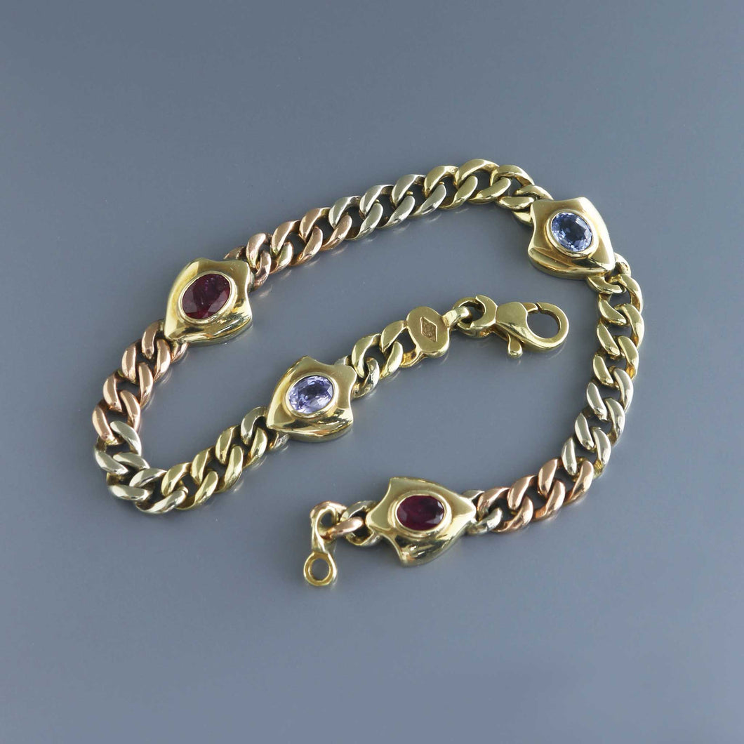 Tricolor Deco Cuban Chain with Ruby and Sapphire