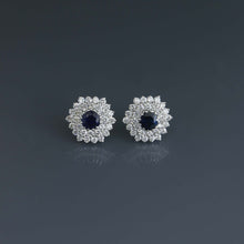 Load image into Gallery viewer, Royal Blue Sapphire Earrings with Double Layer Diamond Hex
