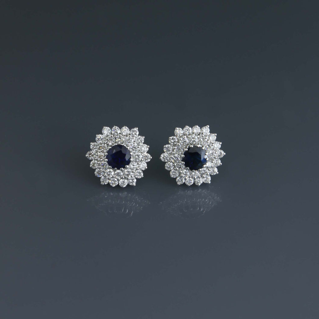 Royal Blue Sapphire Earrings with Double Layer Diamond Hex