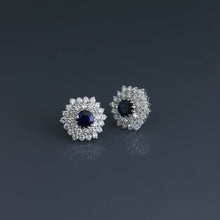 Load image into Gallery viewer, Royal Blue Sapphire Earrings with Double Layer Diamond Hex
