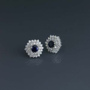 Royal Blue Sapphire Earrings with Double Layer Diamond Hex