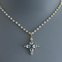 Load image into Gallery viewer, Pearl Rosary Chain Necklace with Blue Topaz and Ruby Cross
