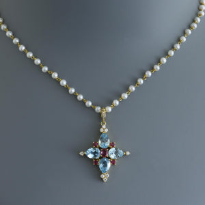 Pearl Rosary Chain Necklace with Blue Topaz and Ruby Cross