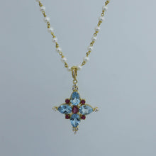 Load image into Gallery viewer, Pearl Rosary Chain Necklace with Blue Topaz and Ruby Cross

