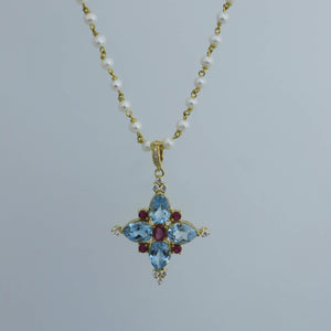 Pearl Rosary Chain Necklace with Blue Topaz and Ruby Cross