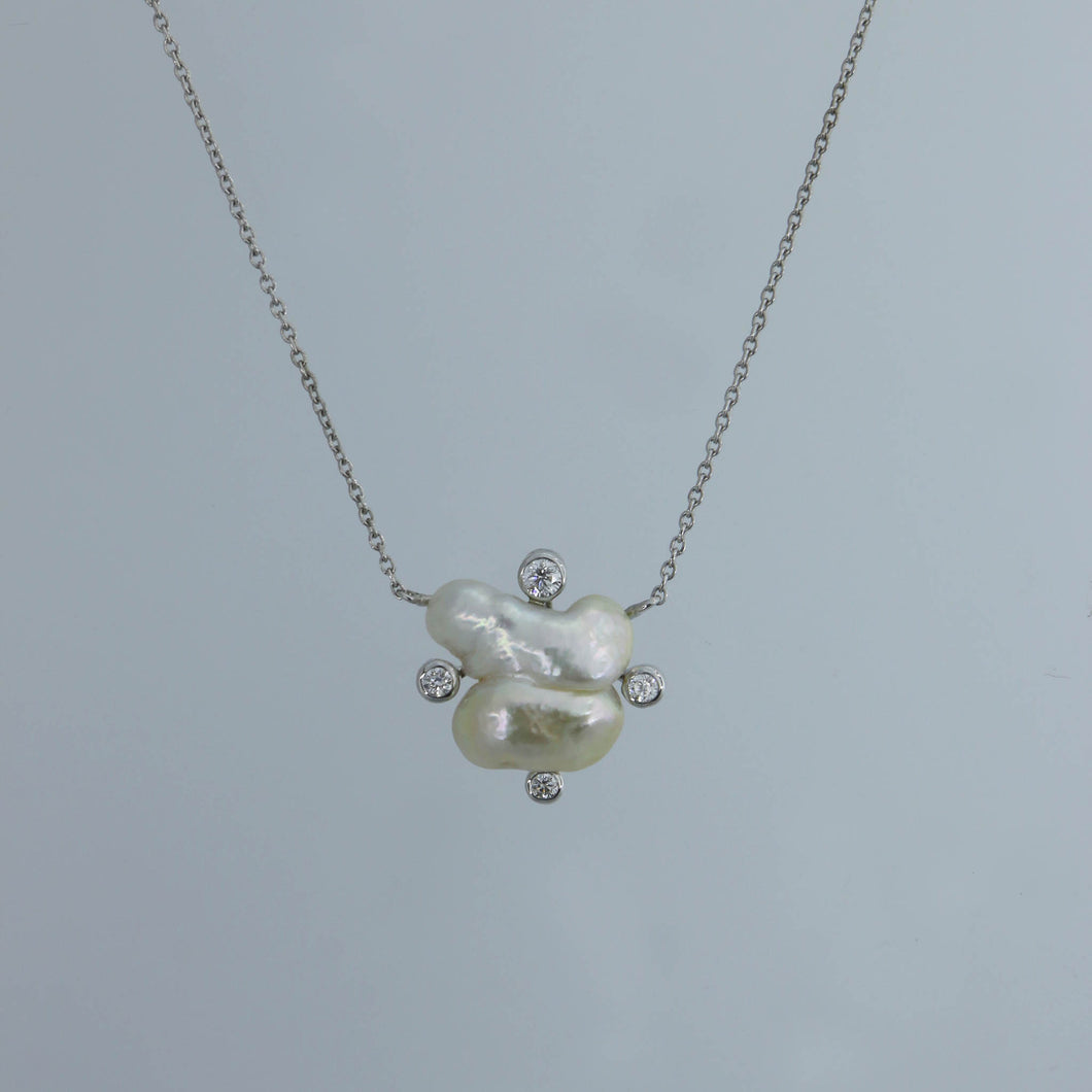 White Keshi Cloud Pendant with 4 Bezel Set Diamonds