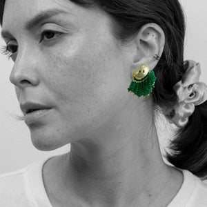 Zambian Emerald Beads and Bean Dome Pompom Earrings