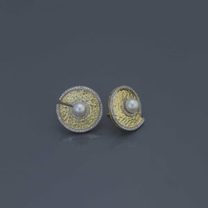 Hammered Gold Disc Earrings with Akoya Pearls and Diamonds