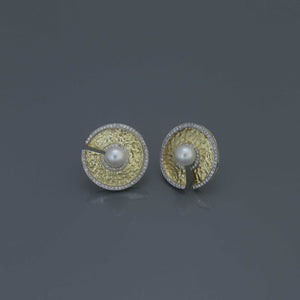 Hammered Gold Disc Earrings with Akoya Pearls and Diamonds