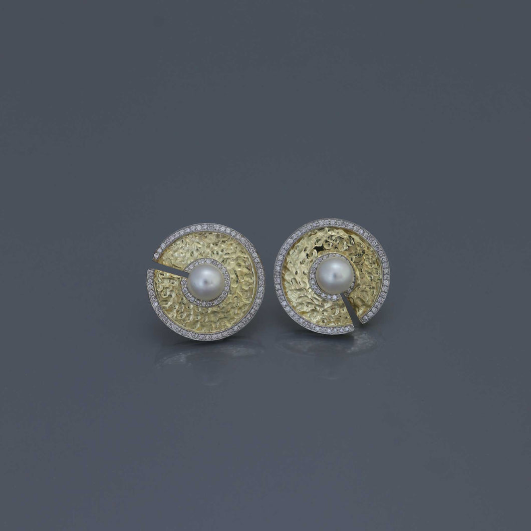 Hammered Gold Disc Earrings with Akoya Pearls and Diamonds