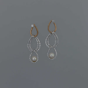 Rose and White Gold Wire and Micropavé Dangling Earrings