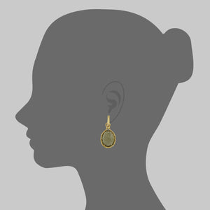 Carved Olive Quartz Cabochon and Yellow Diamond Danglers with Rope Hoop Earrings Detail