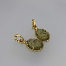 Load image into Gallery viewer, Carved Olive Quartz Cabochon and Yellow Diamond Danglers with Rope Hoop Earrings Detail
