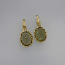 Load image into Gallery viewer, Carved Olive Quartz Cabochon and Yellow Diamond Danglers with Rope Hoop Earrings Detail
