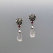 Load image into Gallery viewer, Rose Quartz Briolette and Cognac Diamond Pave Drop Earrings
