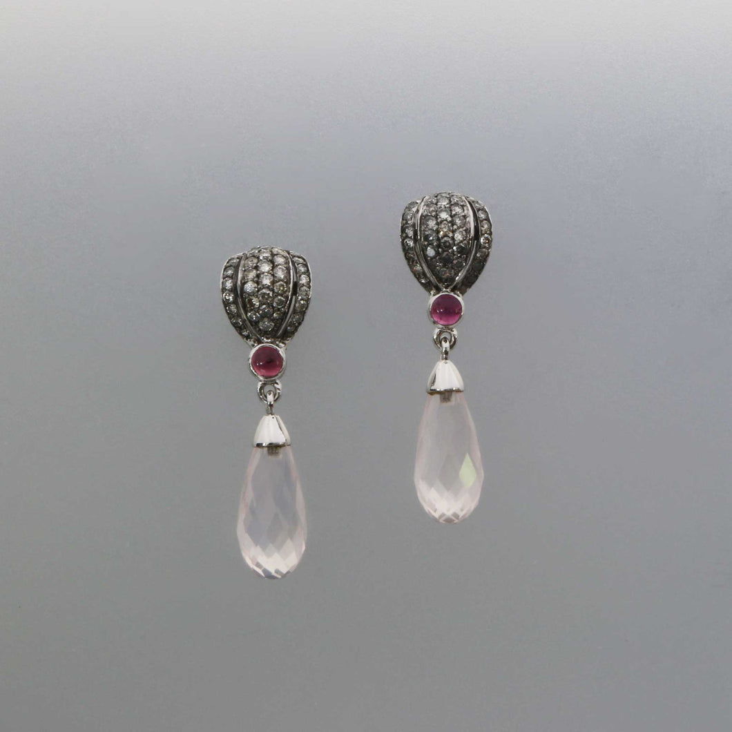 Rose Quartz Briolette and Cognac Diamond Pave Drop Earrings