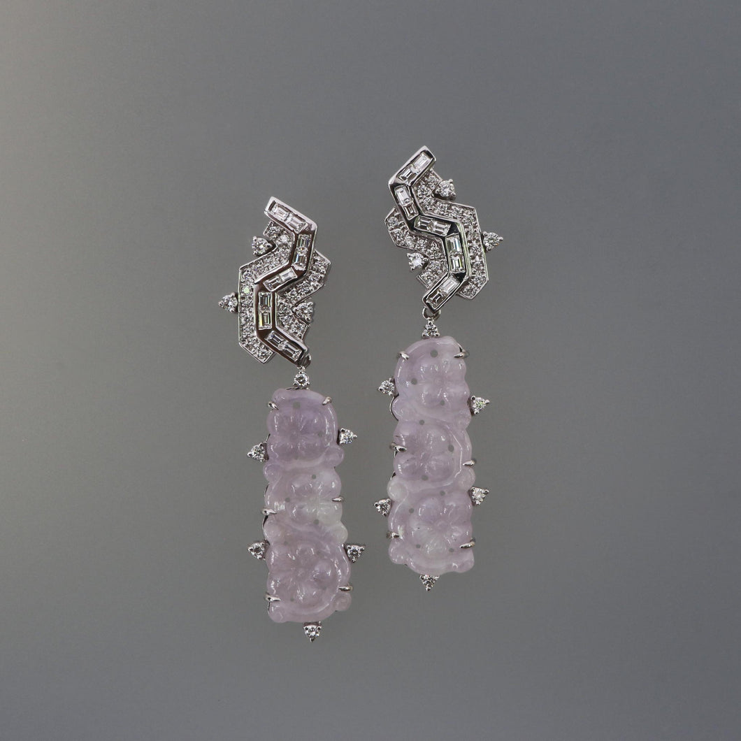 Round and Baguette Diamond Earrings with Lavender Jade Drops