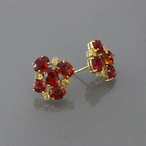 Vivid Orange Sapphire and Yellow Diamond Cluster Earrings