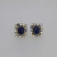 Load image into Gallery viewer, Lapis Lazuli and Pastel Colored Sapphire Cabochon Earrings in Gold with Cognac Diamond Pave
