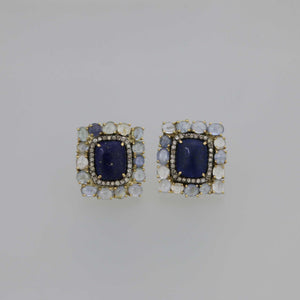 Lapis Lazuli and Pastel Colored Sapphire Cabochon Earrings in Gold with Cognac Diamond Pave