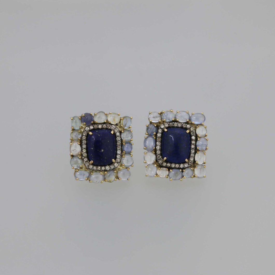 Lapis Lazuli and Pastel Colored Sapphire Cabochon Earrings in Gold with Cognac Diamond Pave