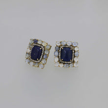 Load image into Gallery viewer, Lapis Lazuli and Pastel Colored Sapphire Cabochon Earrings in Gold with Cognac Diamond Pave
