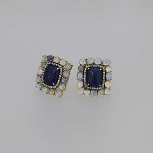 Lapis Lazuli and Pastel Colored Sapphire Cabochon Earrings in Gold with Cognac Diamond Pave