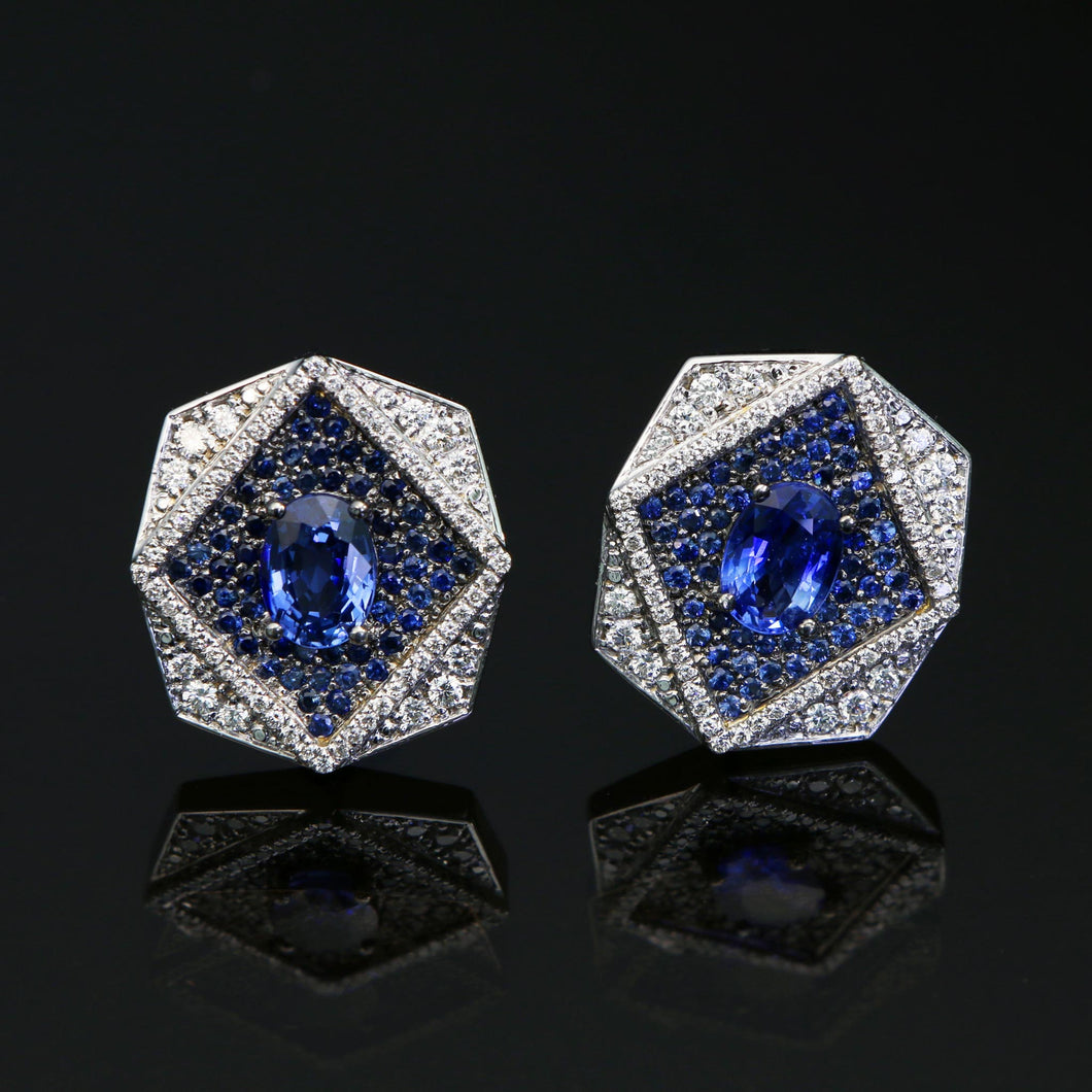 Octagon Blue Sapphire and Diamond Pave Earrings