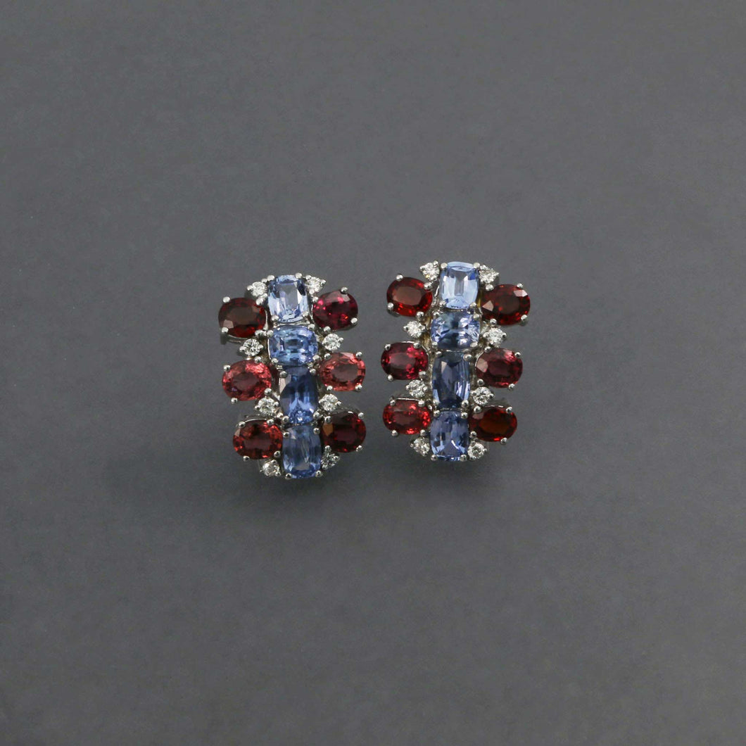 Red Spinel and Cornflower Blue Sapphire Earrings in White Gold