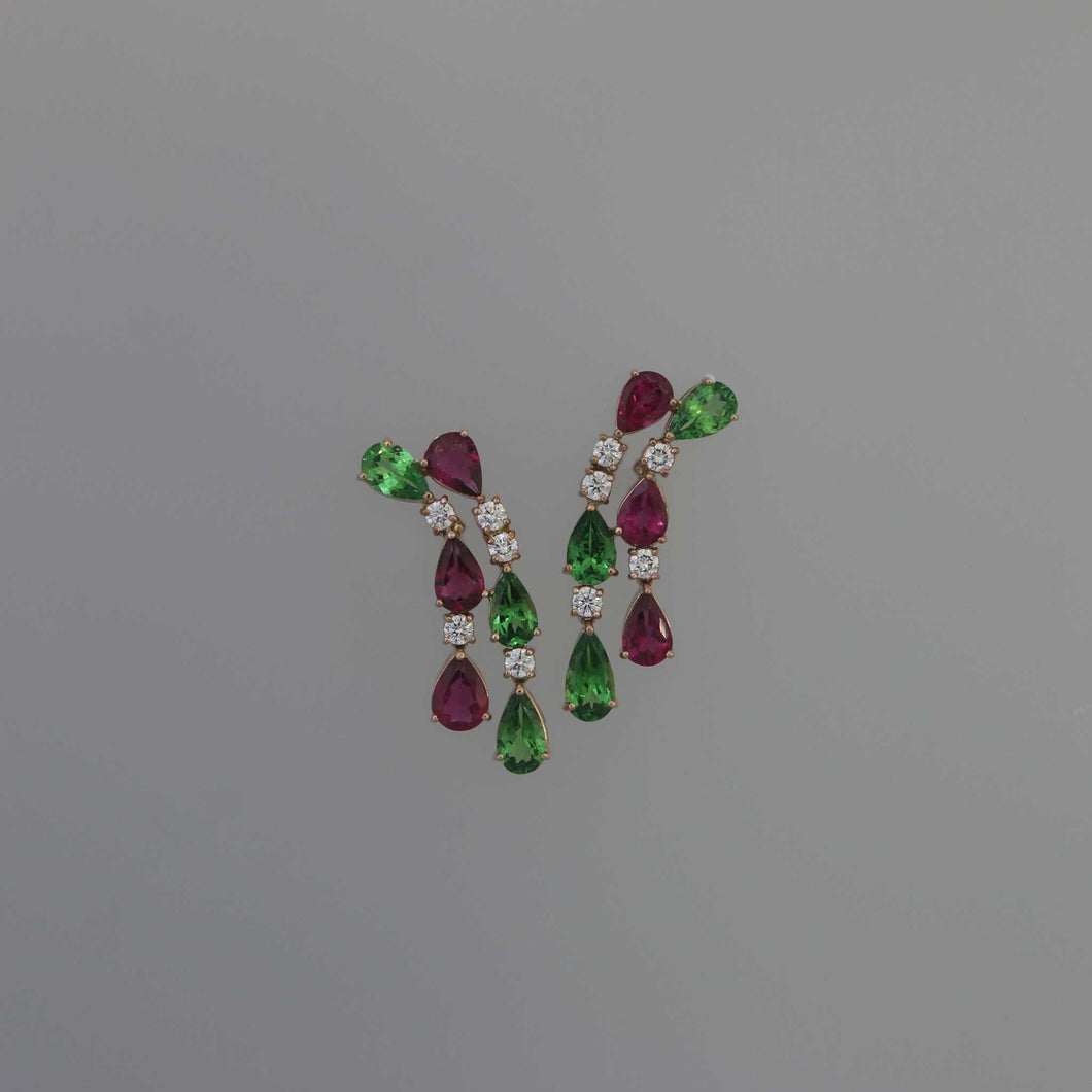 Tsavorite and Rubellite Double Drop Earrings in Rose Gold