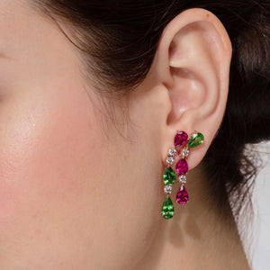 Tsavorite and Rubellite Double Drop Earrings in Rose Gold
