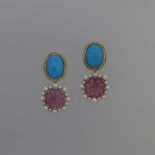 Load image into Gallery viewer, Persian Turquoise and Pink Tourmaline Carving Drop Earrings
