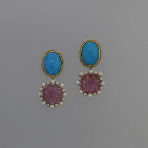Persian Turquoise and Pink Tourmaline Carving Drop Earrings