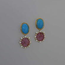Load image into Gallery viewer, Persian Turquoise and Pink Tourmaline Carving Drop Earrings
