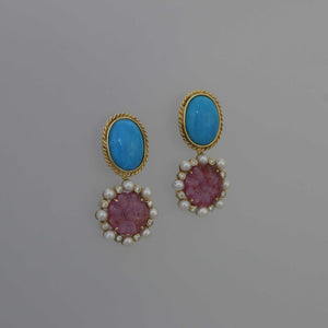 Persian Turquoise and Pink Tourmaline Carving Drop Earrings