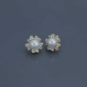 South Sea Pearl Diamond Pavé Flower Earrings in Yellow Gold