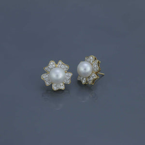 South Sea Pearl Diamond Pavé Flower Earrings in Yellow Gold