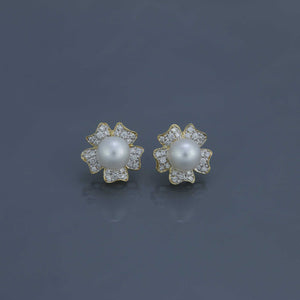 South Sea Pearl Diamond Pavé Flower Earrings in Yellow Gold