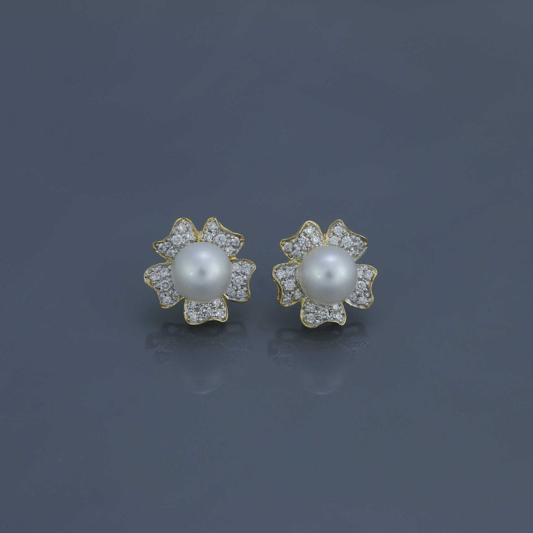 South Sea Pearl Diamond Pavé Flower Earrings in Yellow Gold