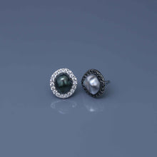 Load image into Gallery viewer, Mismatched White and Tahitian Keshi Earrings in Black and White Gold

