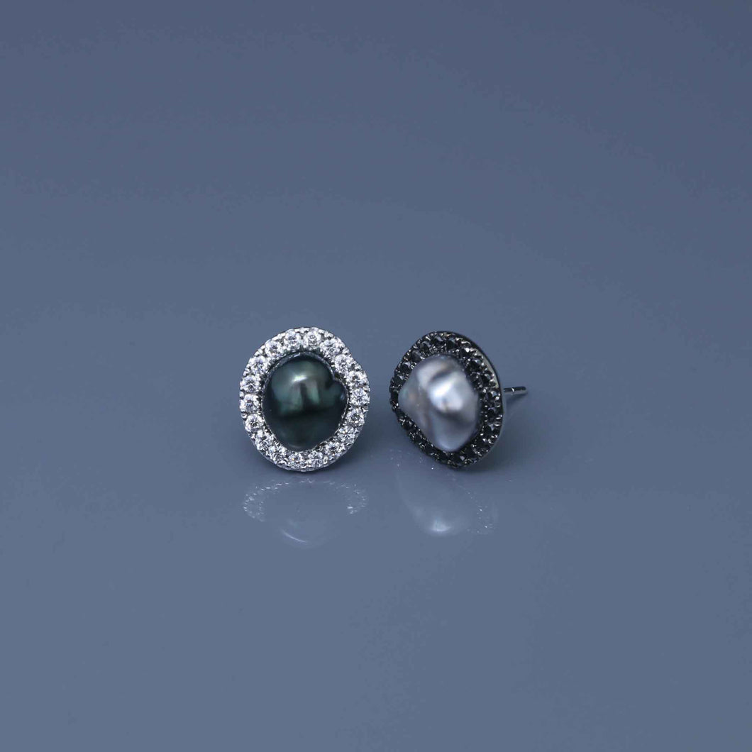 Mismatched White and Tahitian Keshi Earrings in Black and White Gold