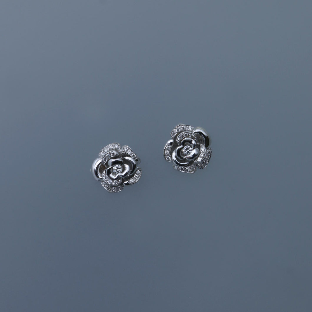 Rose Petal Pave Earrings in White Gold