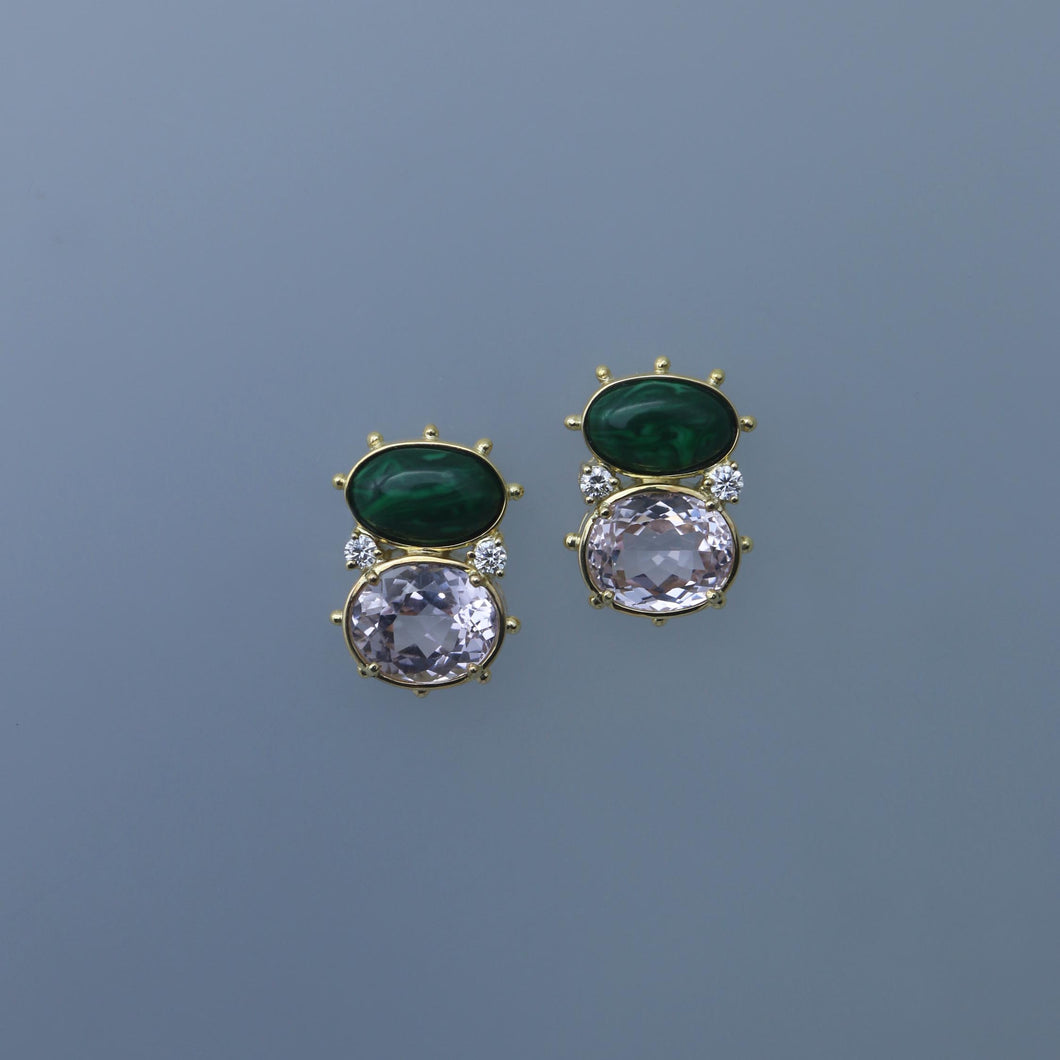 Unique Malachite Cabochon and Kunzite Earrings